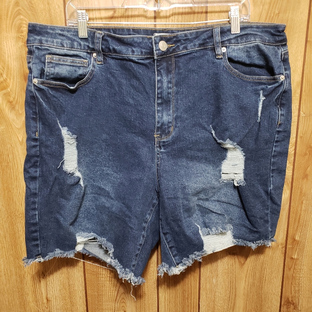 Rue + Women's Blue Pockets High Rise Distresse Denim Cut-Off Shorts   20